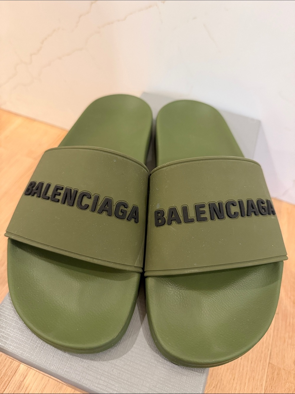 Balenciaga Olive Green Slide Sandals with Black Logo